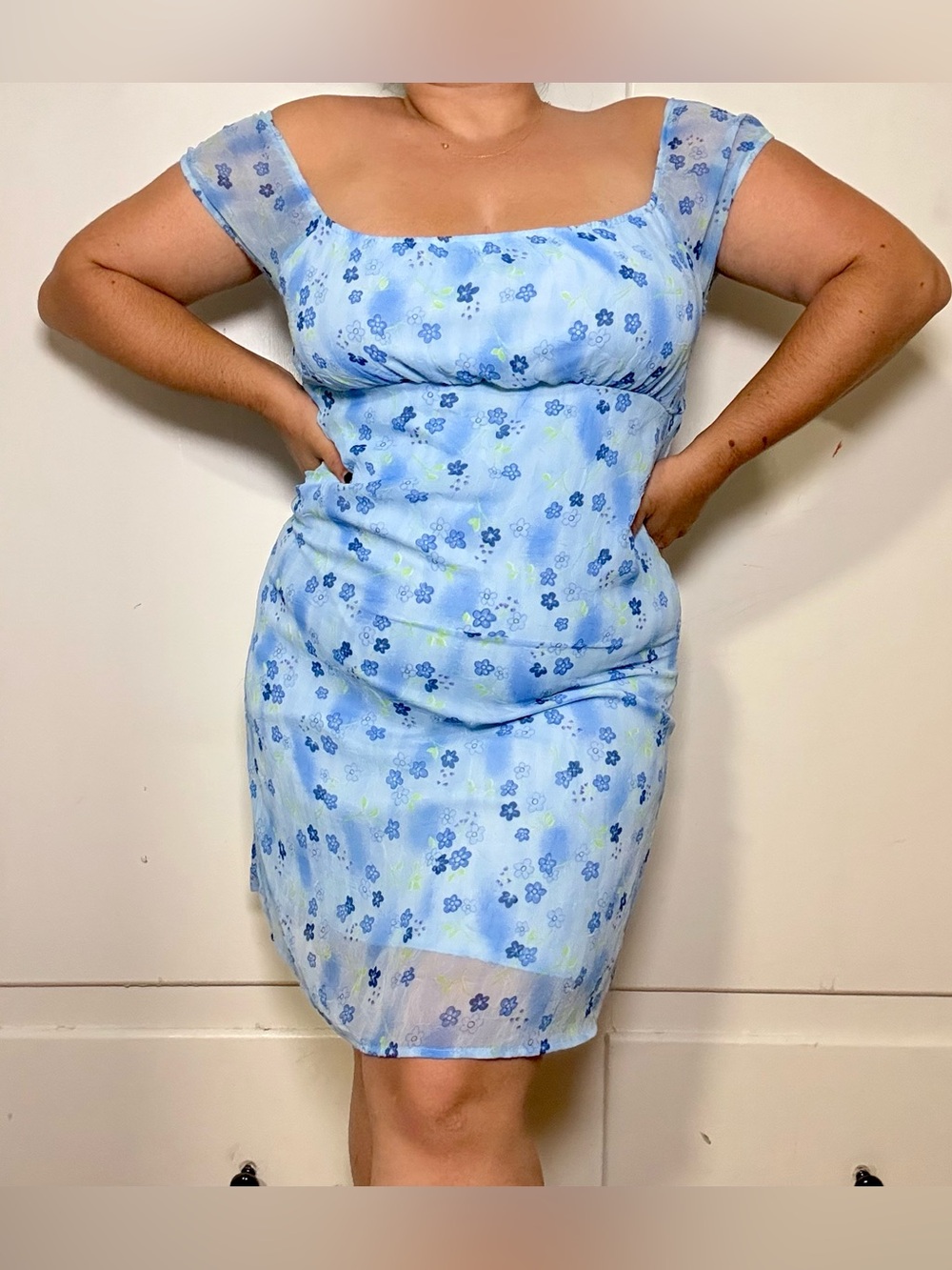 Vintage 90s/Y2K No Boundaries Blue Floral Off Shoulder Milkmaid Mini Dress